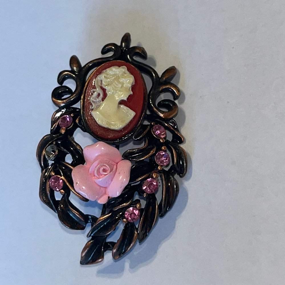 Vintage Pink Rhinestones Pink Rose and White Cameo Pin Brooch